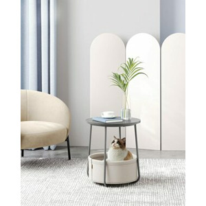 Kulatý odkládací stolek s textilním košem šedý